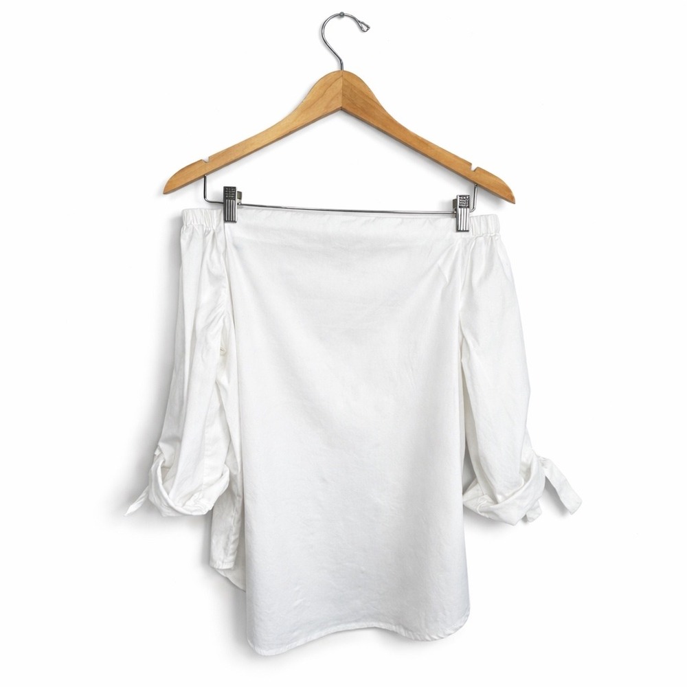 J McLaughlin Off Shoulder Blouse White Size S Tie Sleeve Preppy Coastal - Picture 1 of 6